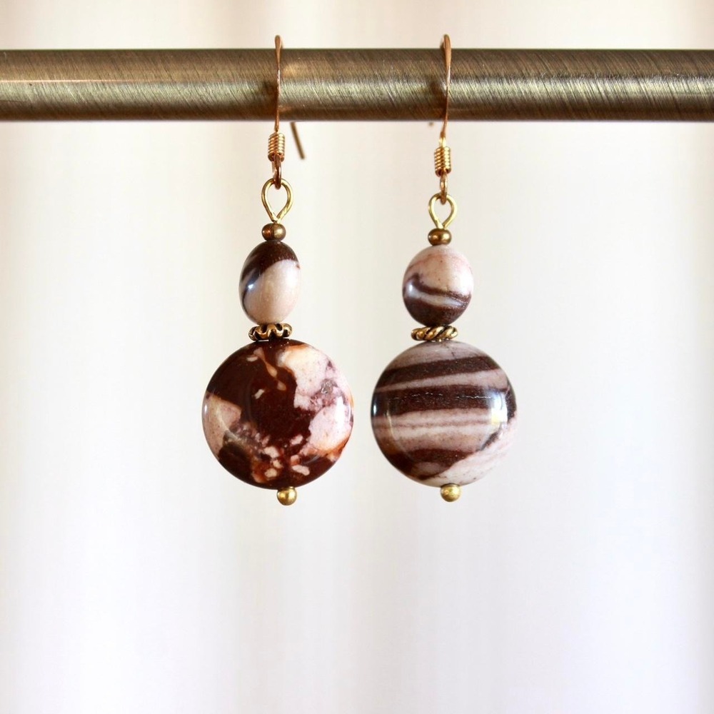 Handmade Brown Zebra Jasper Beaded Drop Earrings Boho Retro Cottage Fairycore‎